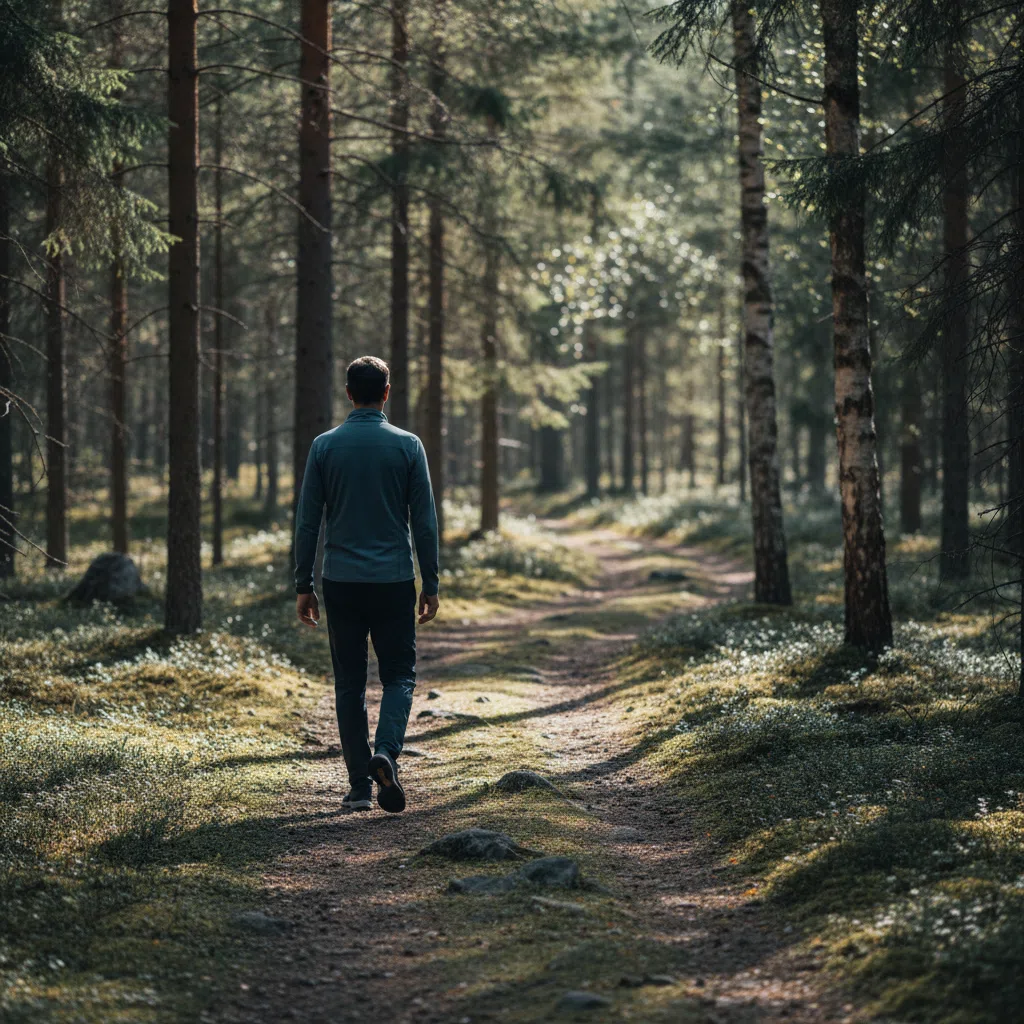 Anonyymi keski-ikäinen mies kävelee pohjoismaisessa metsässä - aktiivinen elämäntapa